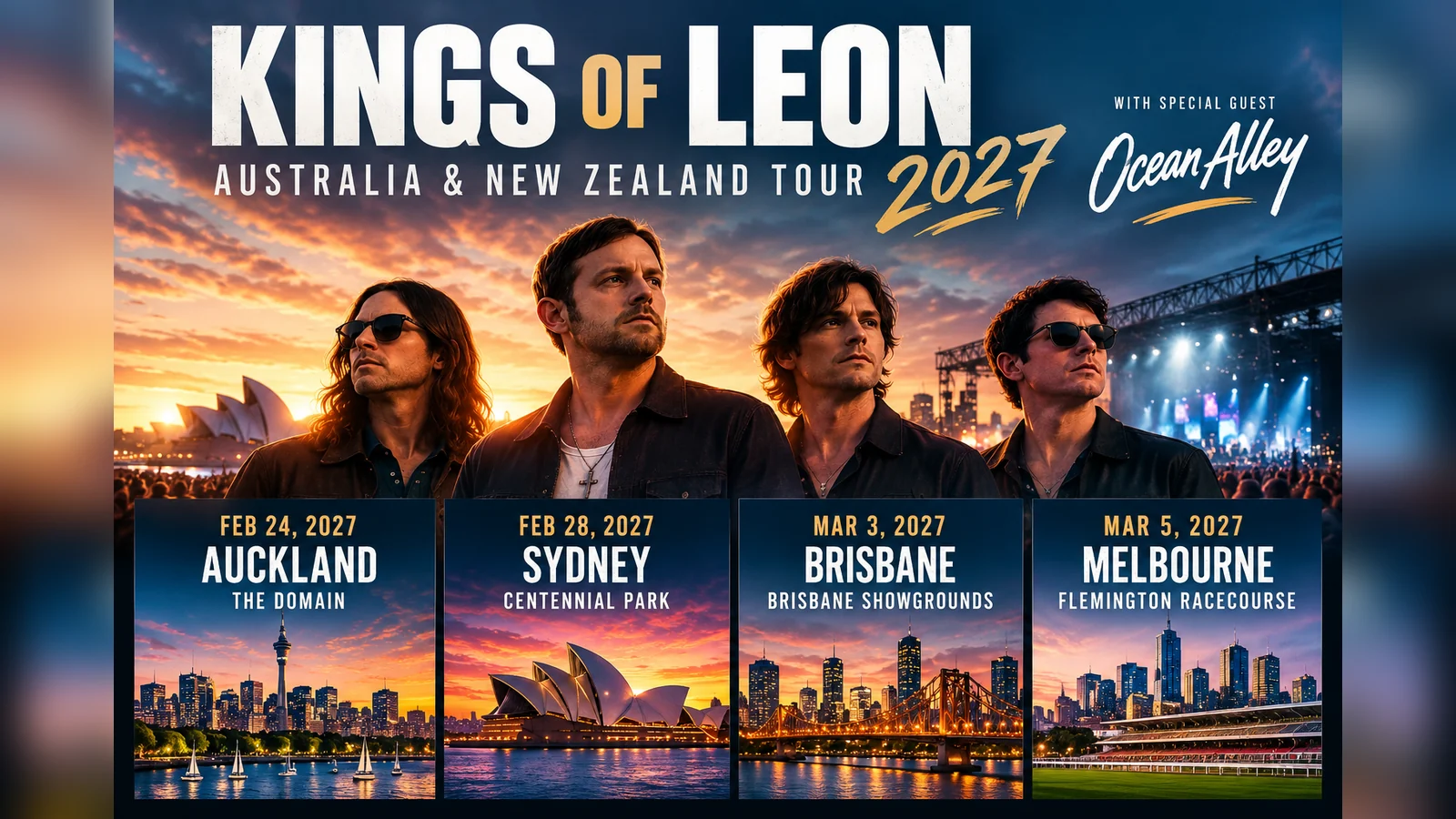 Illustrated Kings of Leon tour poster for Australia and New Zealand 2027 with special guest Ocean Alley, listing four cities: Auckland 24 Feb, Sydney 28 Feb, Brisbane 3 Mar and Melbourne 5 Mar 2027