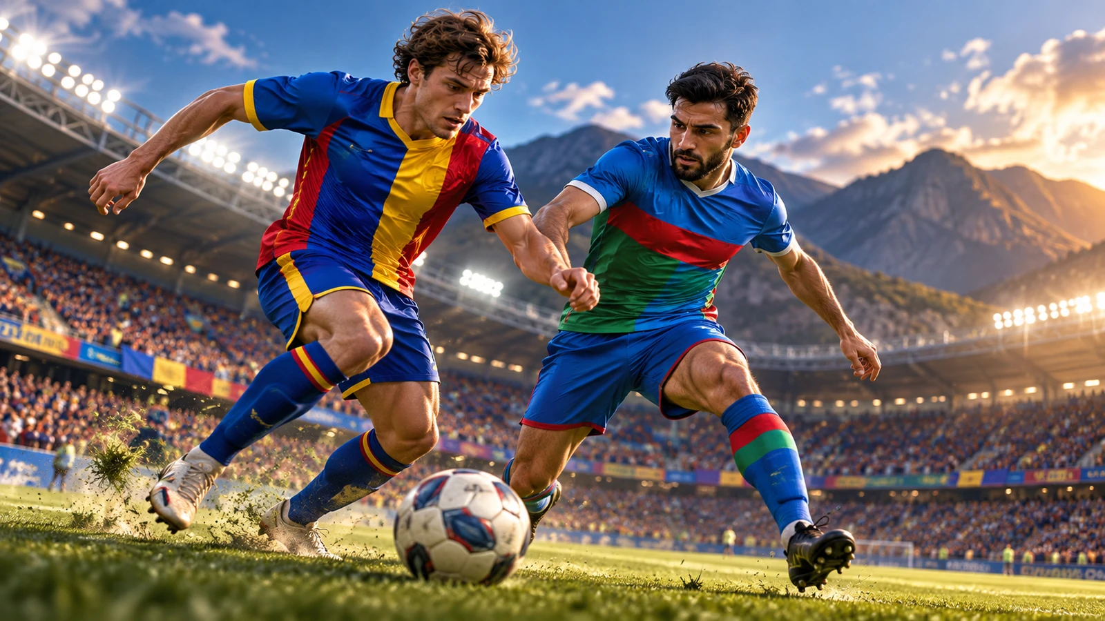Andorra və Azərbaycan futbolçularının stadionda top uğrunda mübarizəsi — bədii təsvir