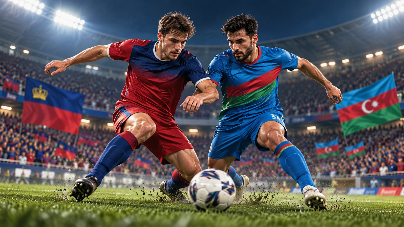 Lixtenşteyn və Azərbaycan futbolçularının işıqlı stadionda top uğrunda mübarizəsi — bədii təsvir