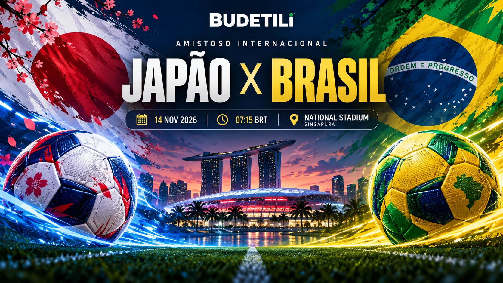 Ilustração cinematográfica de Japão x Brasil em estádio iluminado em Singapura