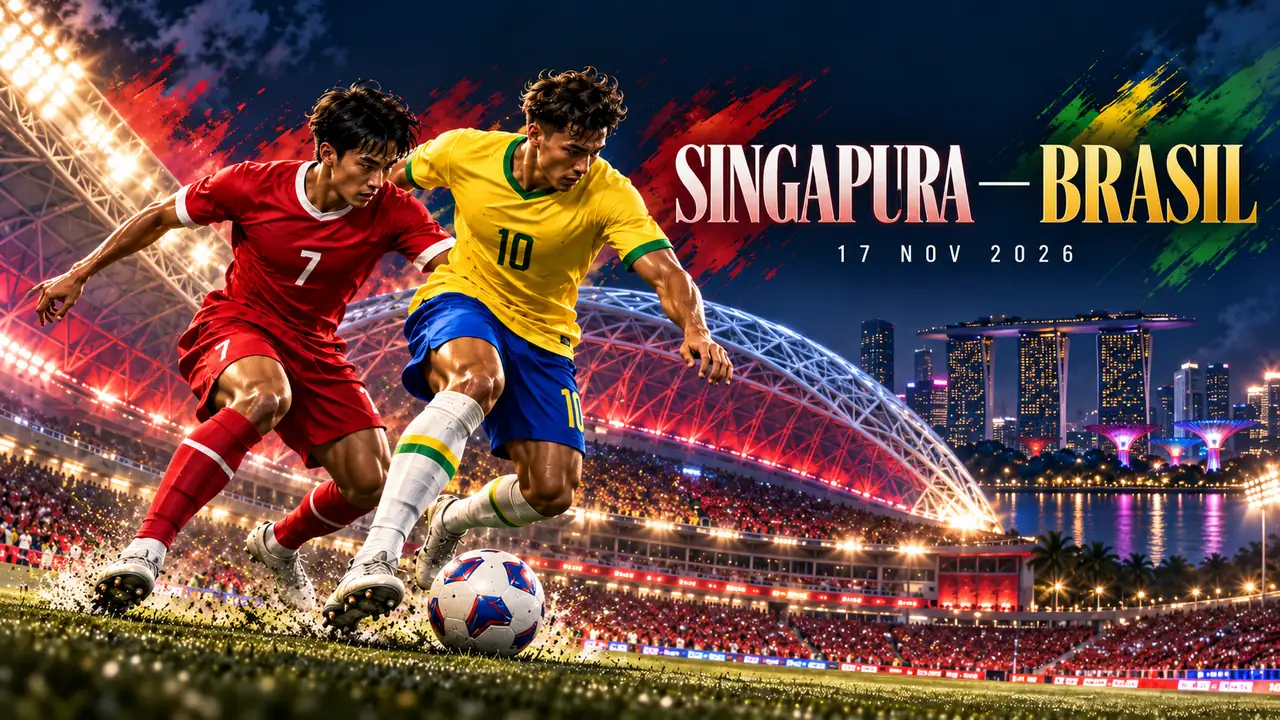 Ilustração cinematográfica de Singapura x Brasil em estádio iluminado