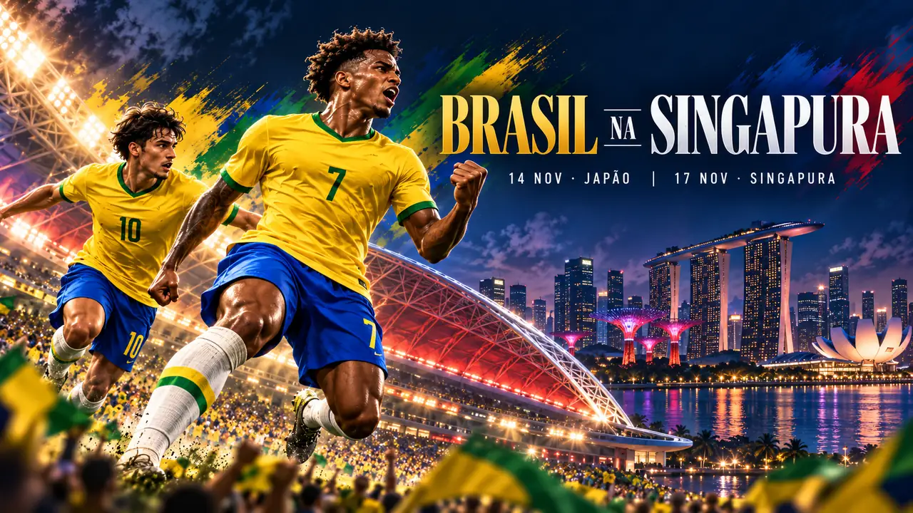 Ilustração cinematográfica dos amistosos do Brasil em Singapura em estádio iluminado