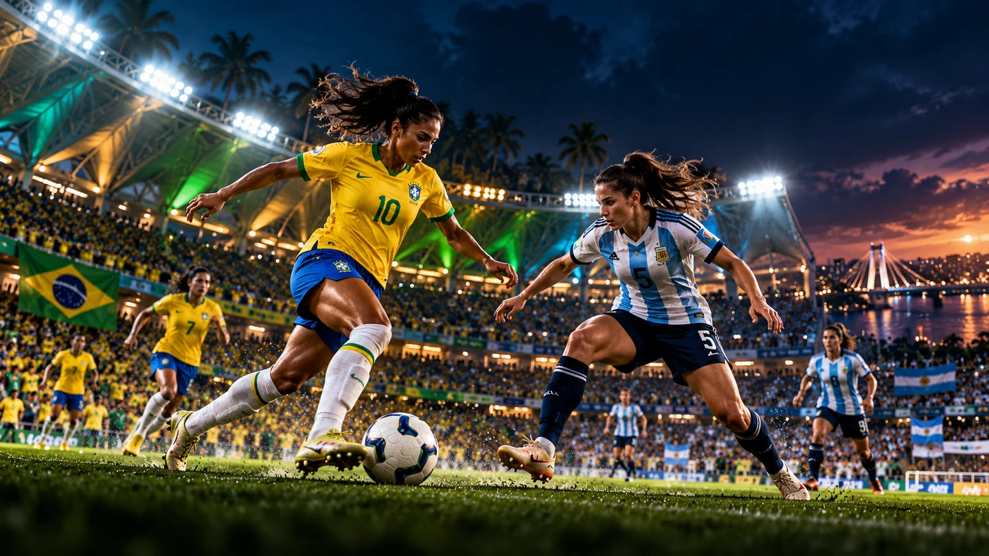 Ilustração cinematográfica de Brasil Feminino x Argentina em estádio iluminado