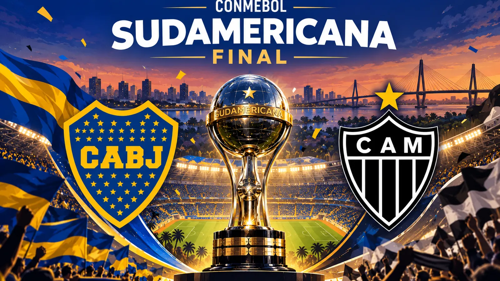 Ilustración de la final de la CONMEBOL Sudamericana 2026: escudos de Boca Juniors y Atlético Mineiro a los lados del trofeo, con hinchas de ambos equipos y Barranquilla al fondo