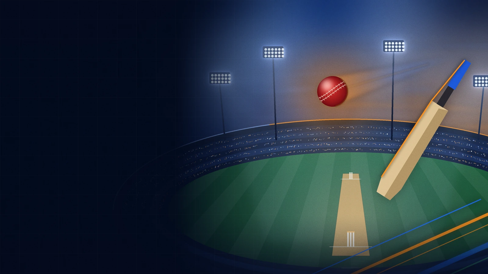 Stylized night cricket stadium under floodlights with a pitch, stumps, a red ball and a bat in navy, electric blue and saffron