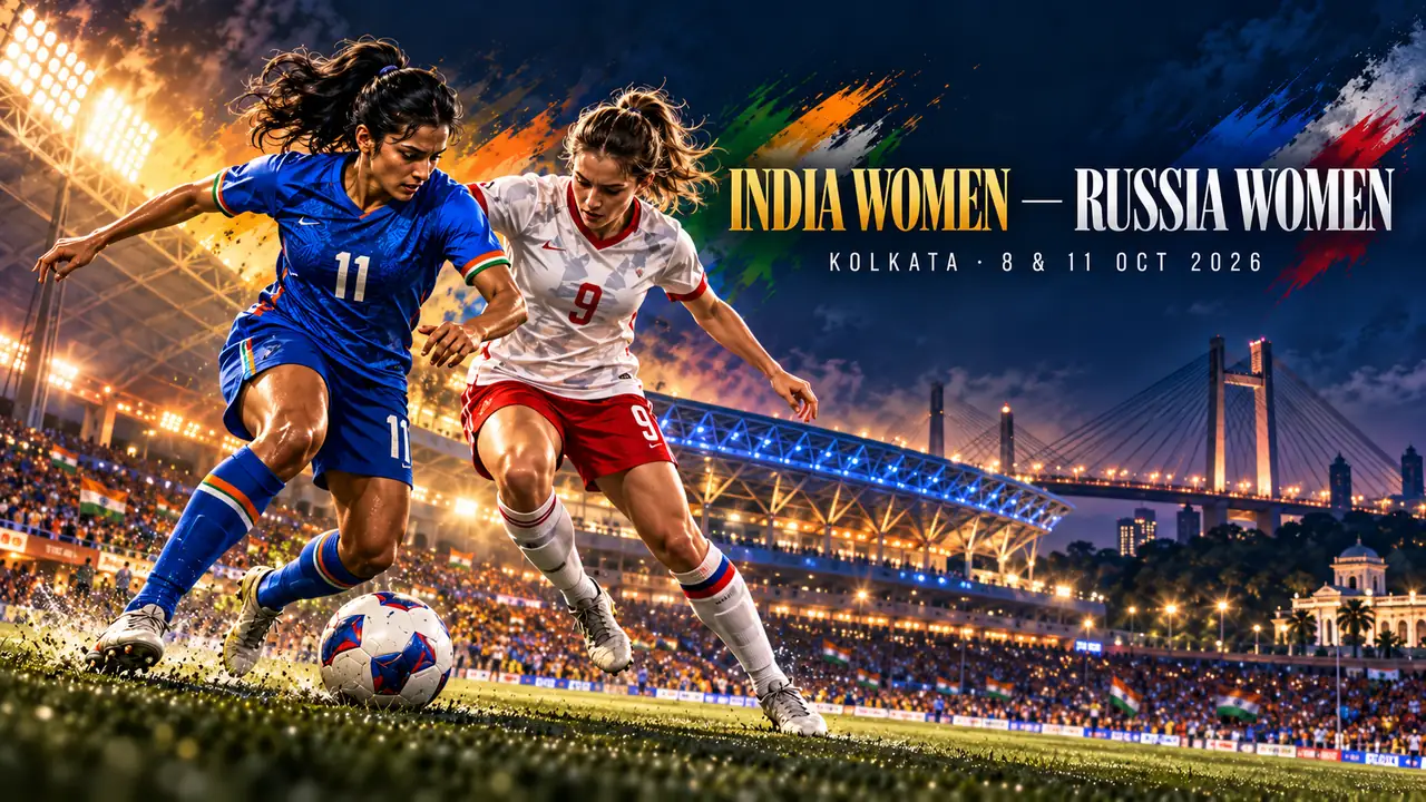 Stylized India Women vs Russia Women football match illustration