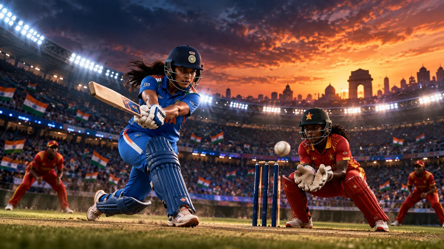 Stylized India Women vs Zimbabwe Women cricket match illustration