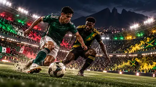 Ilustración estilizada de México vs Jamaica en los Cuartos de Final de Nations League en Monterrey