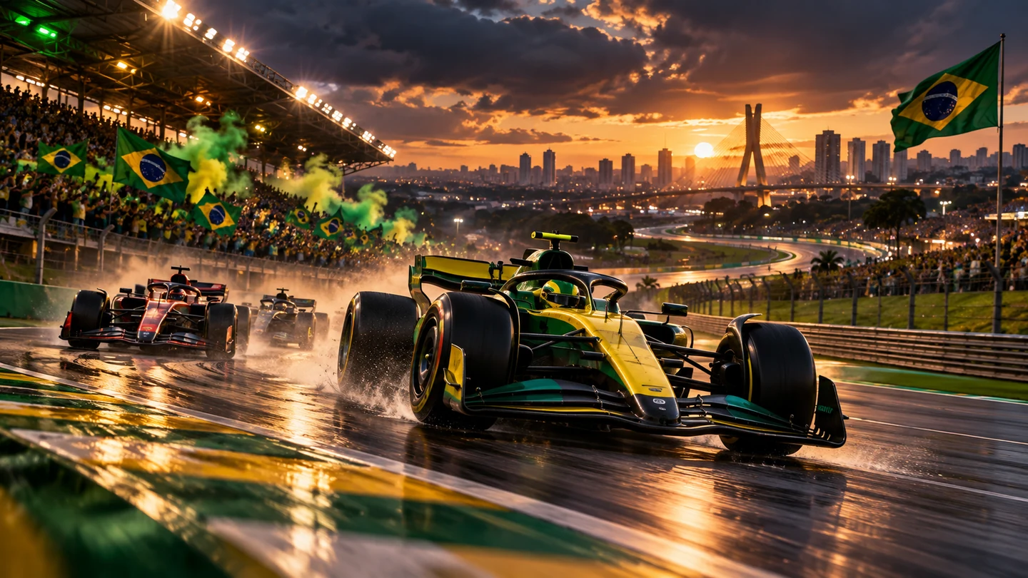 Ilustração cinematográfica de carros de Fórmula 1 em Interlagos com atmosfera brasileira